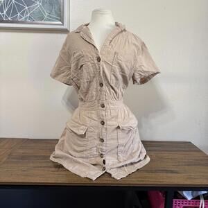 H&M Divided Beige Utility Shirt Dress with Pockets and Waist Tie Large